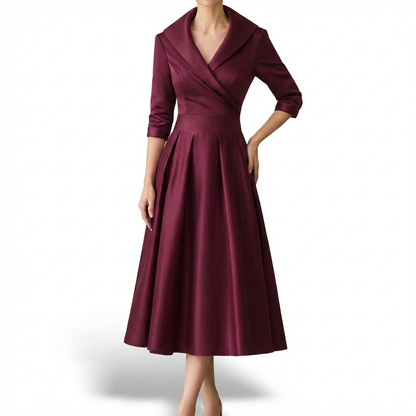 Vestido Midi Mujer Cruzado Cuello Solapa Vuelo