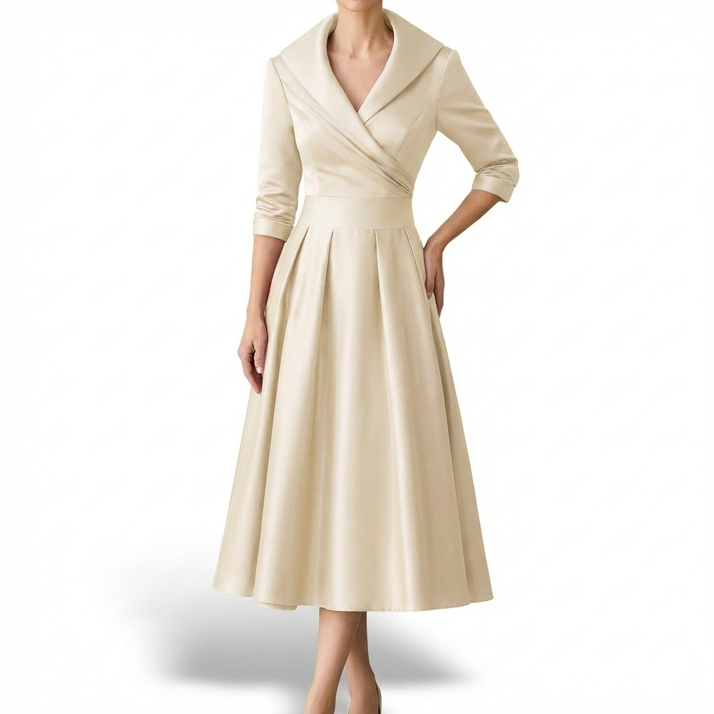 Vestido Midi Mujer Cruzado Cuello Solapa Vuelo