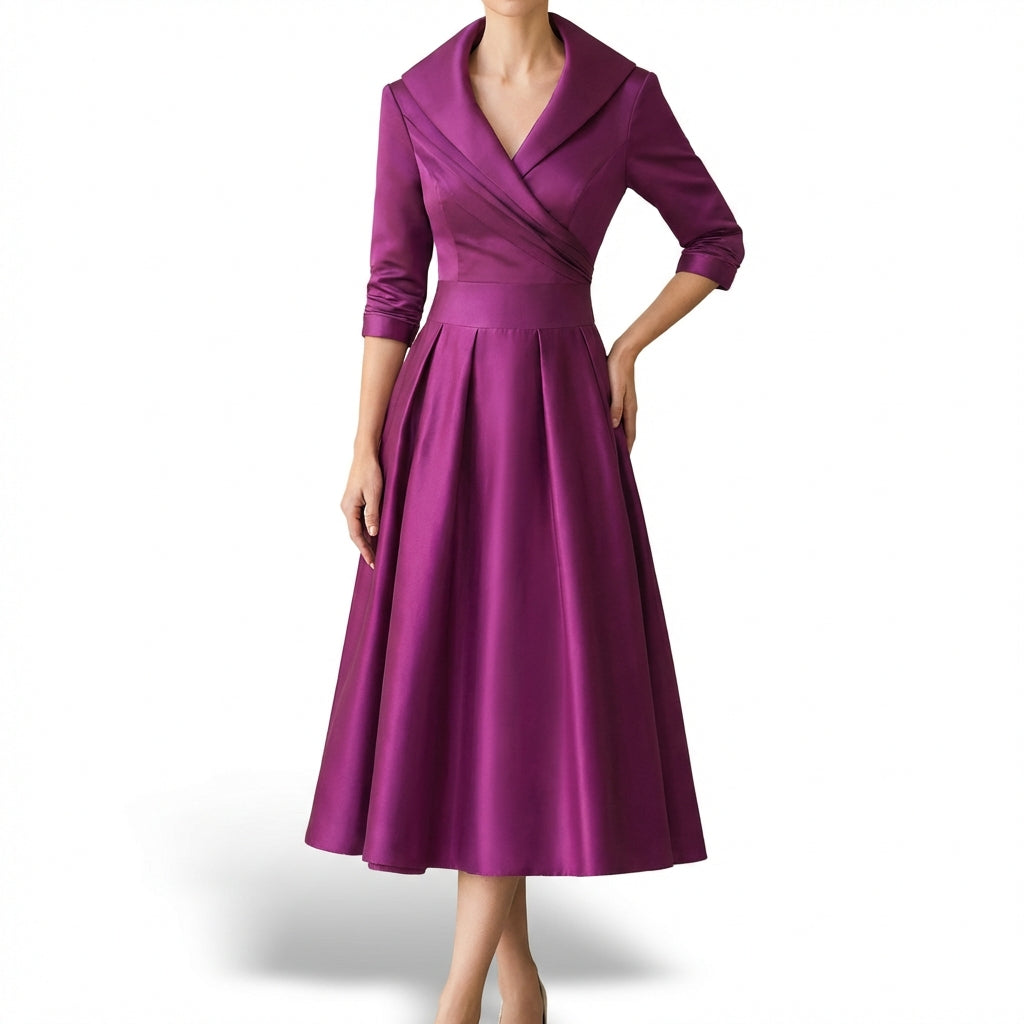 Vestido Midi Mujer Cruzado Cuello Solapa Vuelo