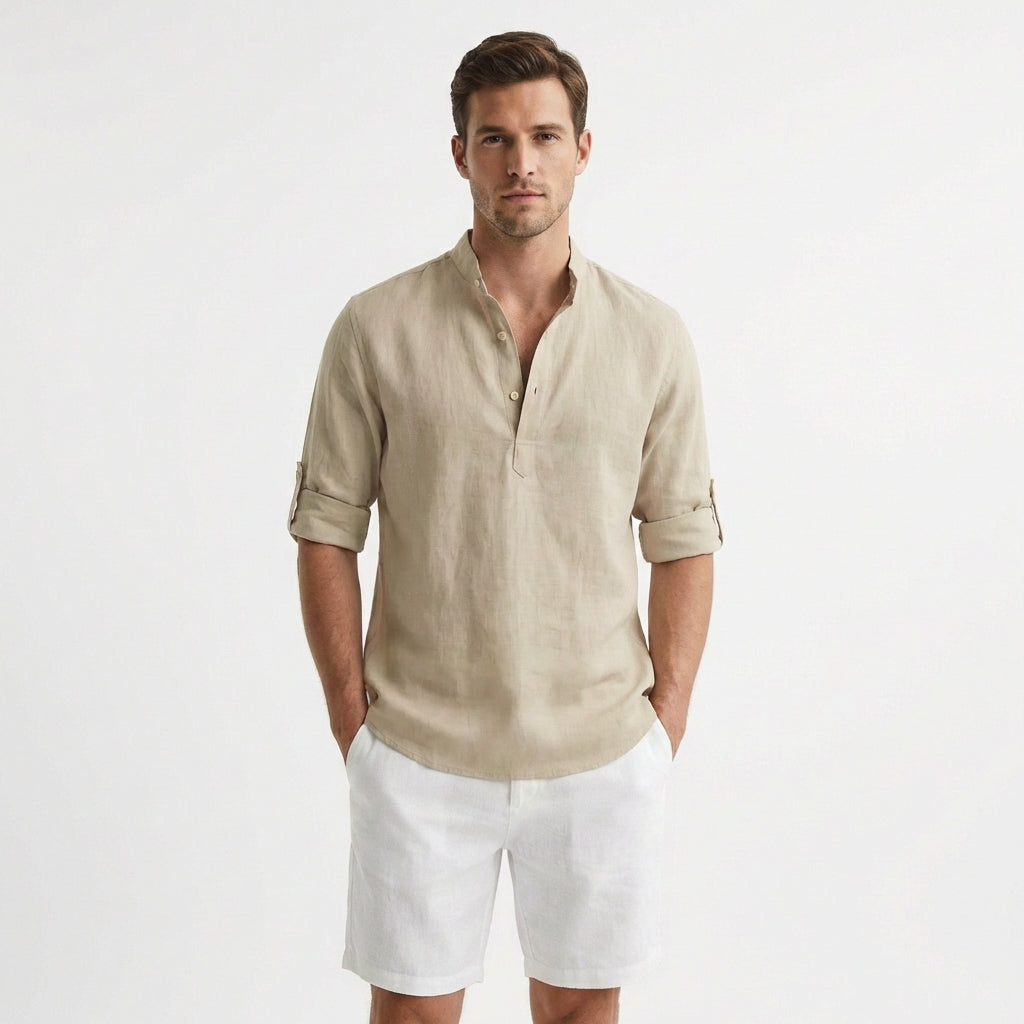 Camisa Henley Hombre Algodón Cuello Mao Manga Remangada