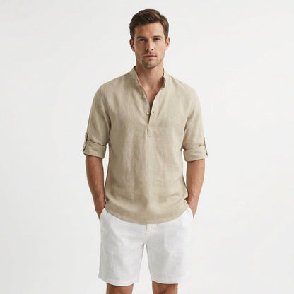 Camisa Henley Hombre Algodón Cuello Mao Manga Remangada