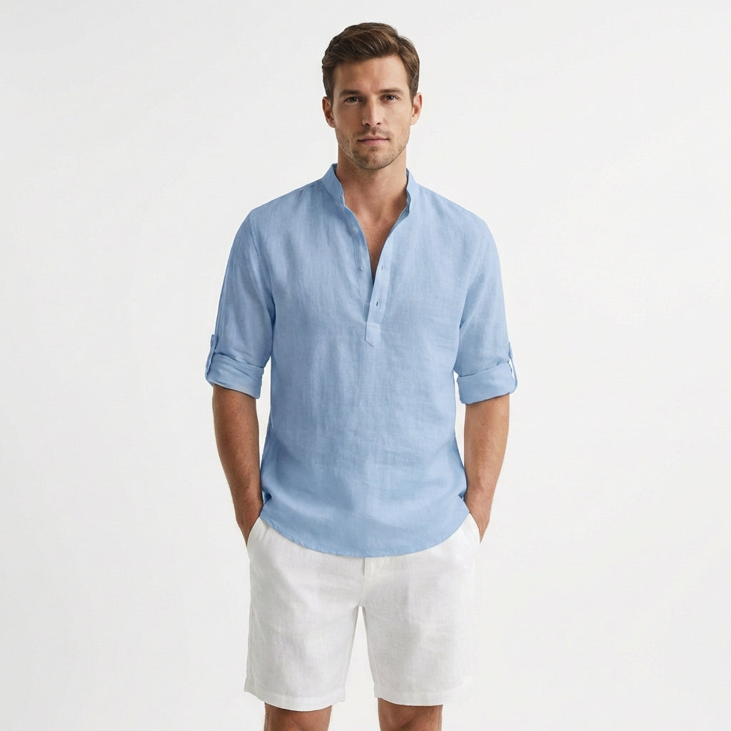 Camisa Henley Hombre Algodón Cuello Mao Manga Remangada