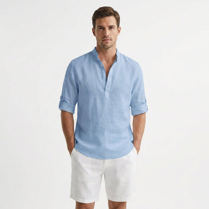 Camisa Henley Hombre Algodón Cuello Mao Manga Remangada
