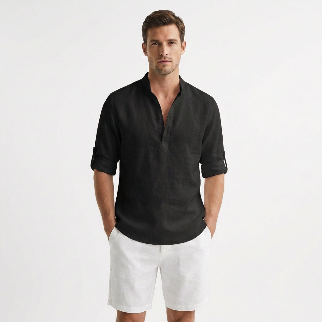 Camisa Henley Hombre Algodón Cuello Mao Manga Remangada