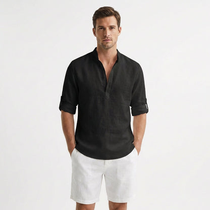 Camisa Henley Hombre Algodón Cuello Mao Manga Remangada