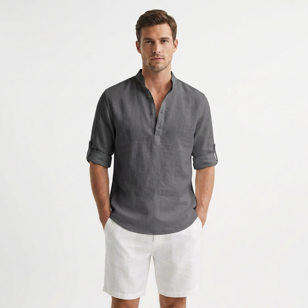 Camisa Henley Hombre Algodón Cuello Mao Manga Remangada