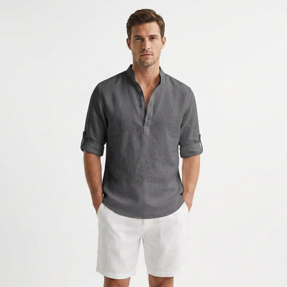 Camisa Henley Hombre Algodón Cuello Mao Manga Remangada