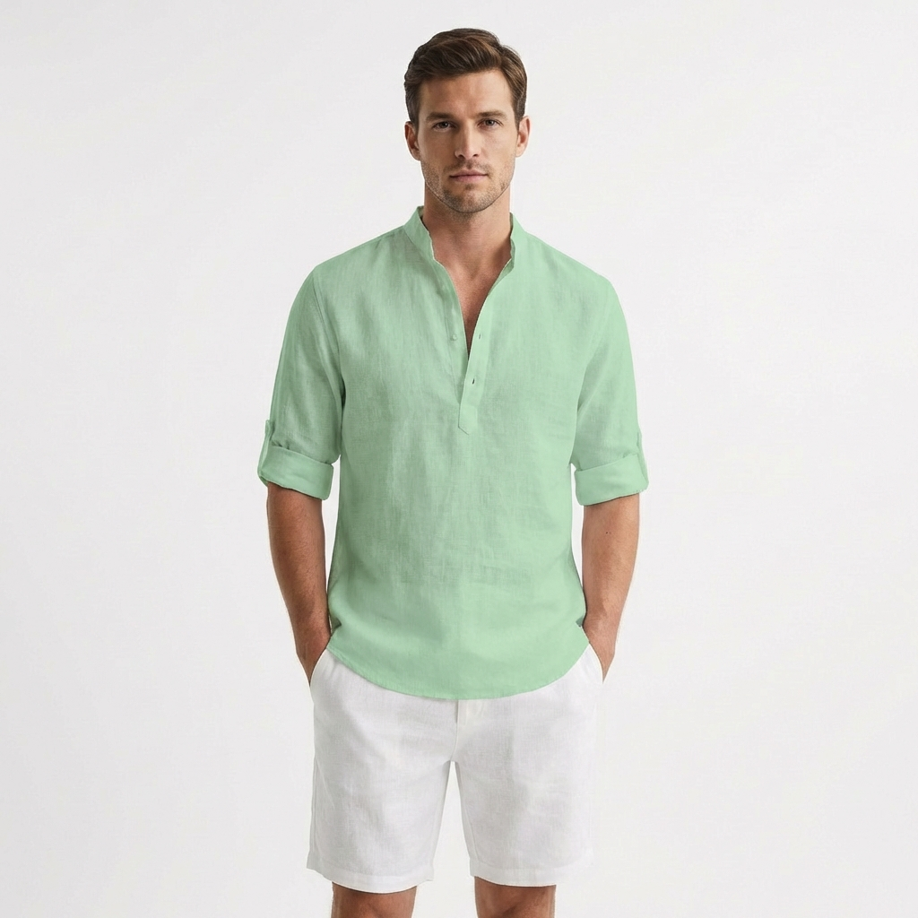 Camisa Henley Hombre Algodón Cuello Mao Manga Remangada