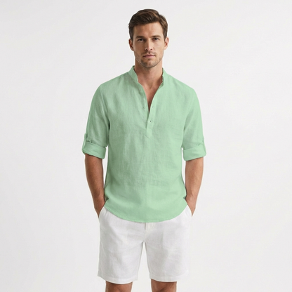 Camisa Henley Hombre Algodón Cuello Mao Manga Remangada