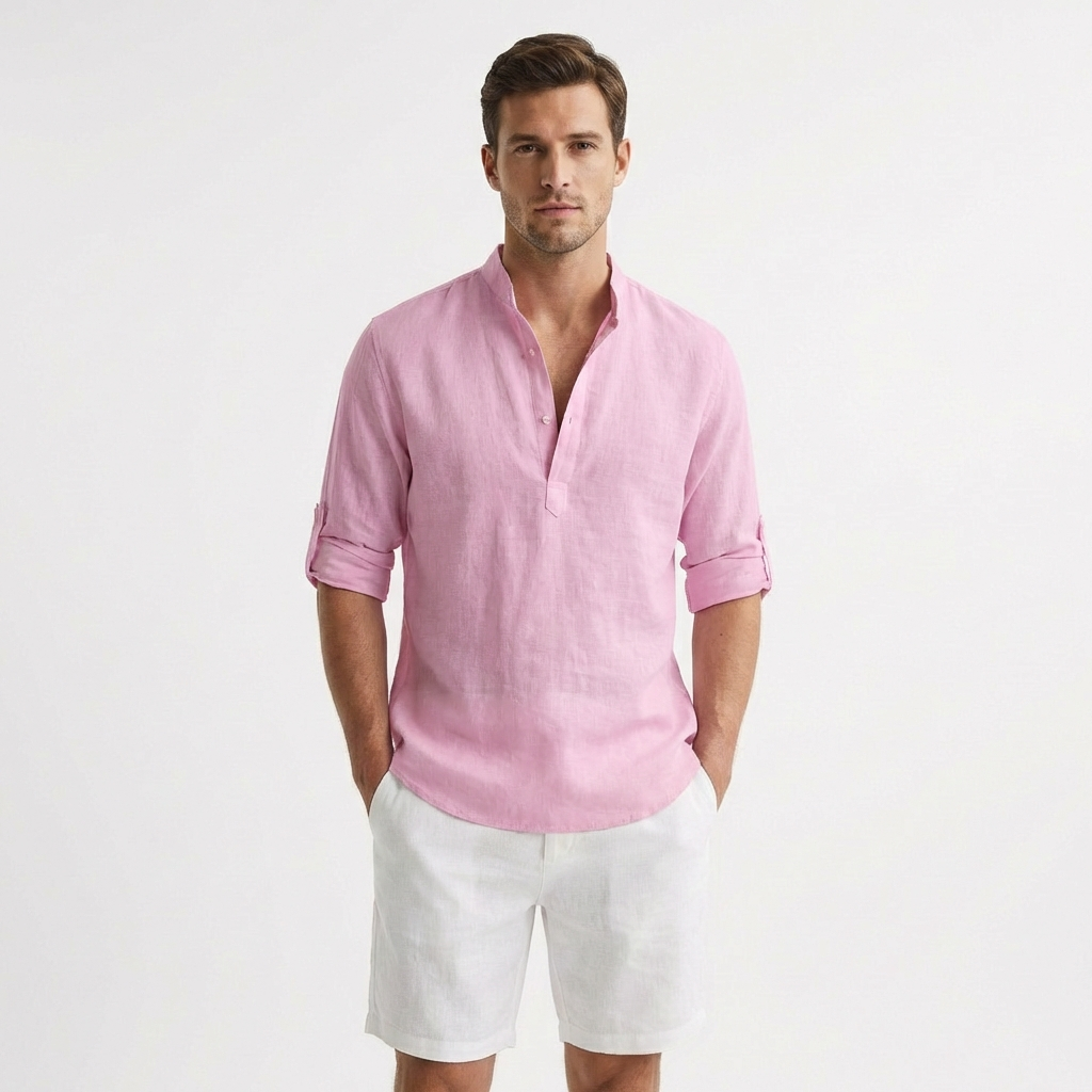 Camisa Henley Hombre Algodón Cuello Mao Manga Remangada