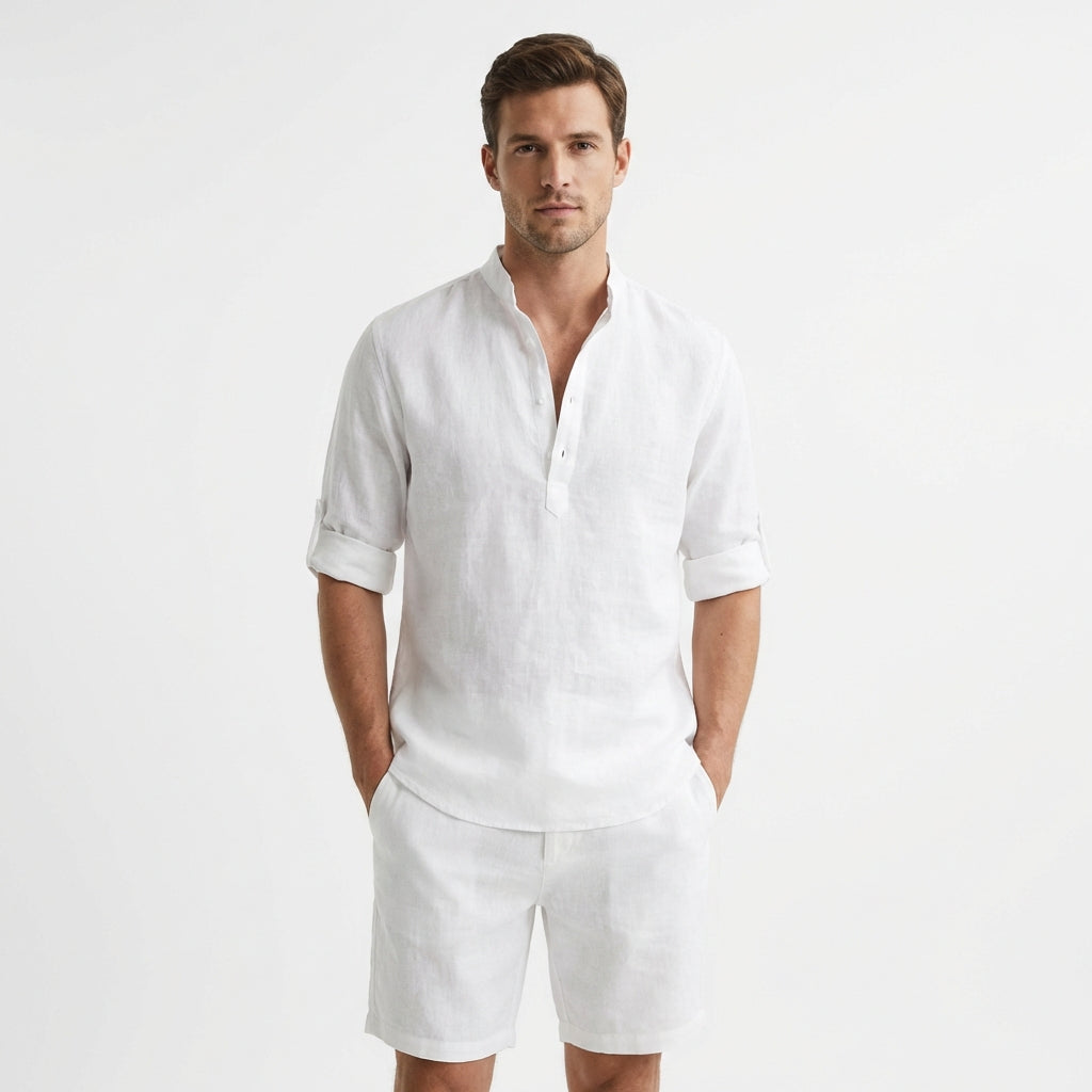 Camisa Henley Hombre Algodón Cuello Mao Manga Remangada - Mavetta