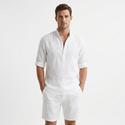 Camisa Henley Hombre Algodón Cuello Mao Manga Remangada - Mavetta