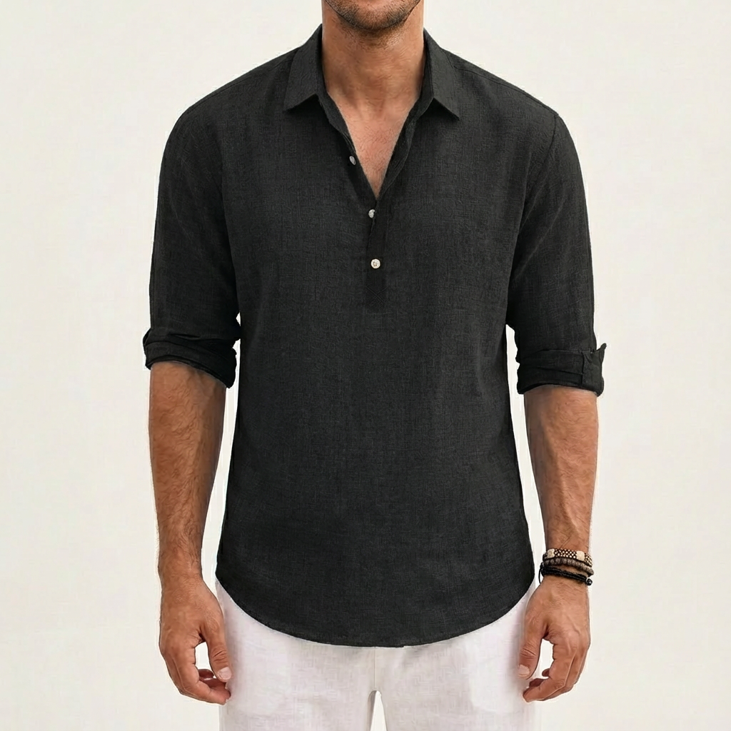 Camisa Hombre Algodón Cuello Clásico Manga Enrollada Casual