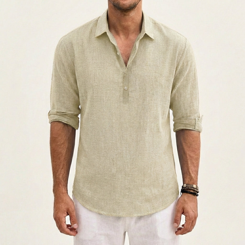 Camisa Hombre Algodón Cuello Clásico Manga Enrollada Casual