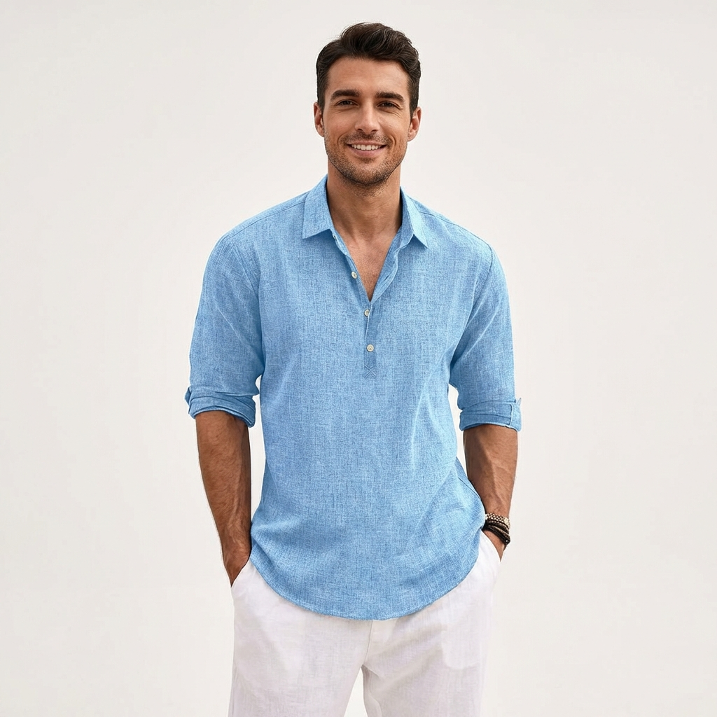 Camisa Hombre Algodón Cuello Clásico Manga Enrollada Casual - Mavetta