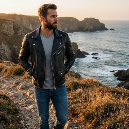Chaqueta Biker Hombre con Cremallera y Cuero