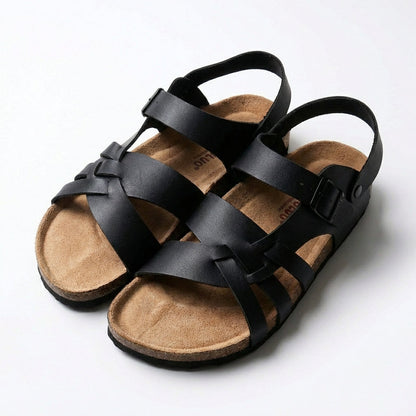 Sandalias Hombre de Piel Tiras Entrelazadas Suela Corcho Hebilla