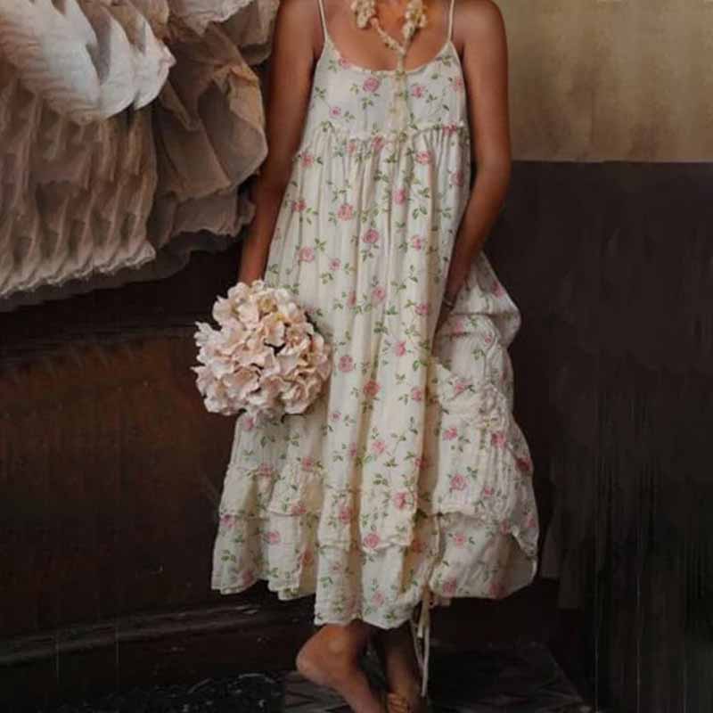 Vestido midi mujer de tela ligera con volantes decorativos