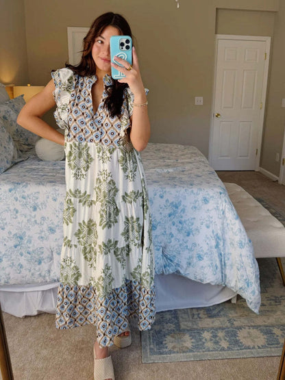 Vestido Mujer Floral Sin Mangas Cuello de Volantes