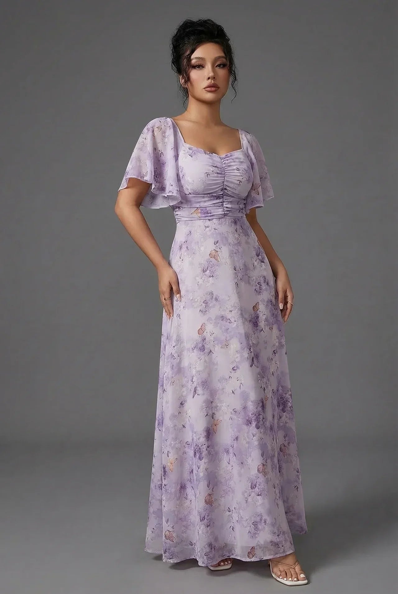 Vestido Largo Mujer Estampado Floral Mangas Volantes