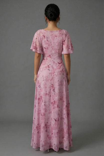 Vestido Largo Mujer Estampado Floral Mangas Volantes