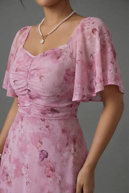 Vestido Largo Mujer Estampado Floral Mangas Volantes