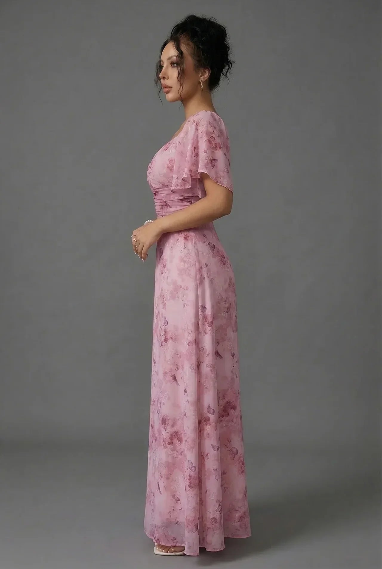 Vestido Largo Mujer Estampado Floral Mangas Volantes