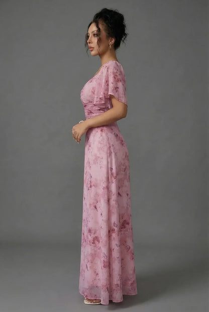 Vestido Largo Mujer Estampado Floral Mangas Volantes