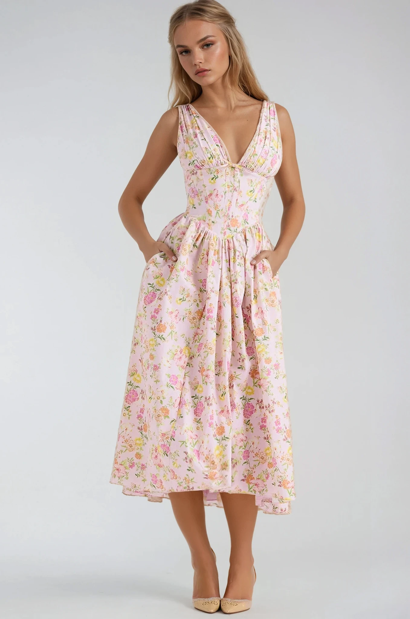 Vestido midi mujer con estampado floral escote en V