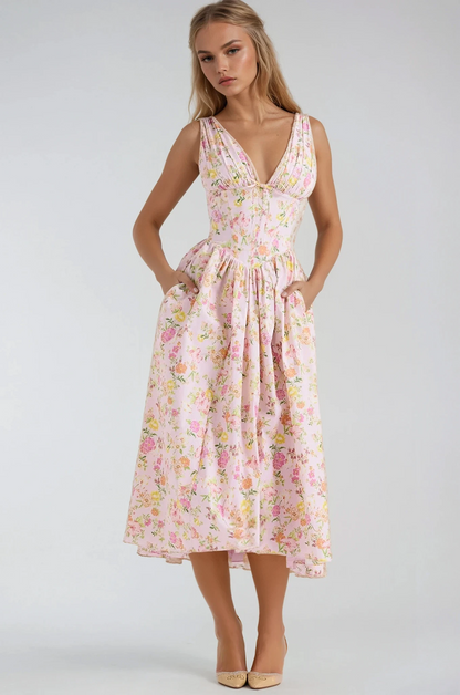 Vestido midi mujer con estampado floral escote en V