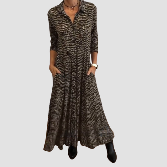 Vestido Midi Mujer Manga Media Cuello Camisa Bolsillos Laterales - Mavetta