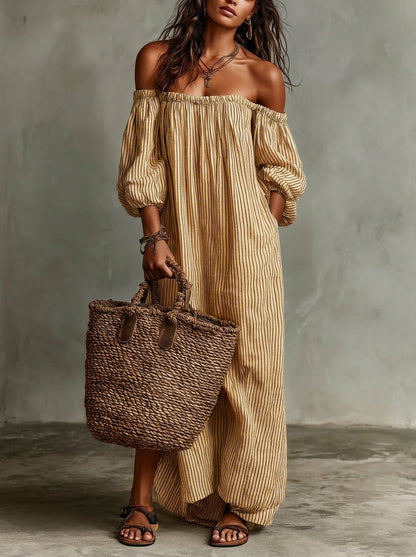 Vestido largo Mujer de Rayas con Hombros Descubiertos