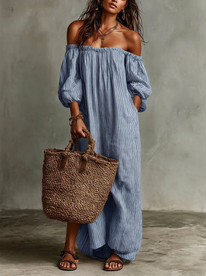 Vestido largo Mujer de Rayas con Hombros Descubiertos
