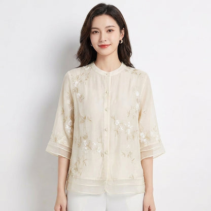 Blusa Mujer Bordada Cuello Mao Manga Tres Cuartos