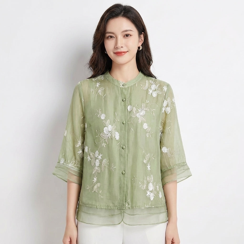 Blusa Mujer Bordada Cuello Mao Manga Tres Cuartos