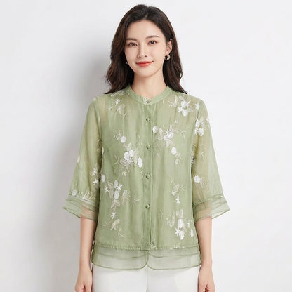 Blusa Mujer Bordada Cuello Mao Manga Tres Cuartos