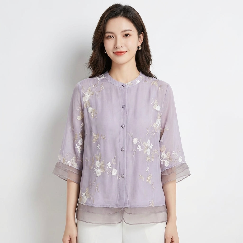 Blusa Mujer Bordada Cuello Mao Manga Tres Cuartos - Mavetta