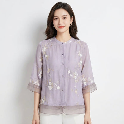 Blusa Mujer Bordada Cuello Mao Manga Tres Cuartos - Mavetta