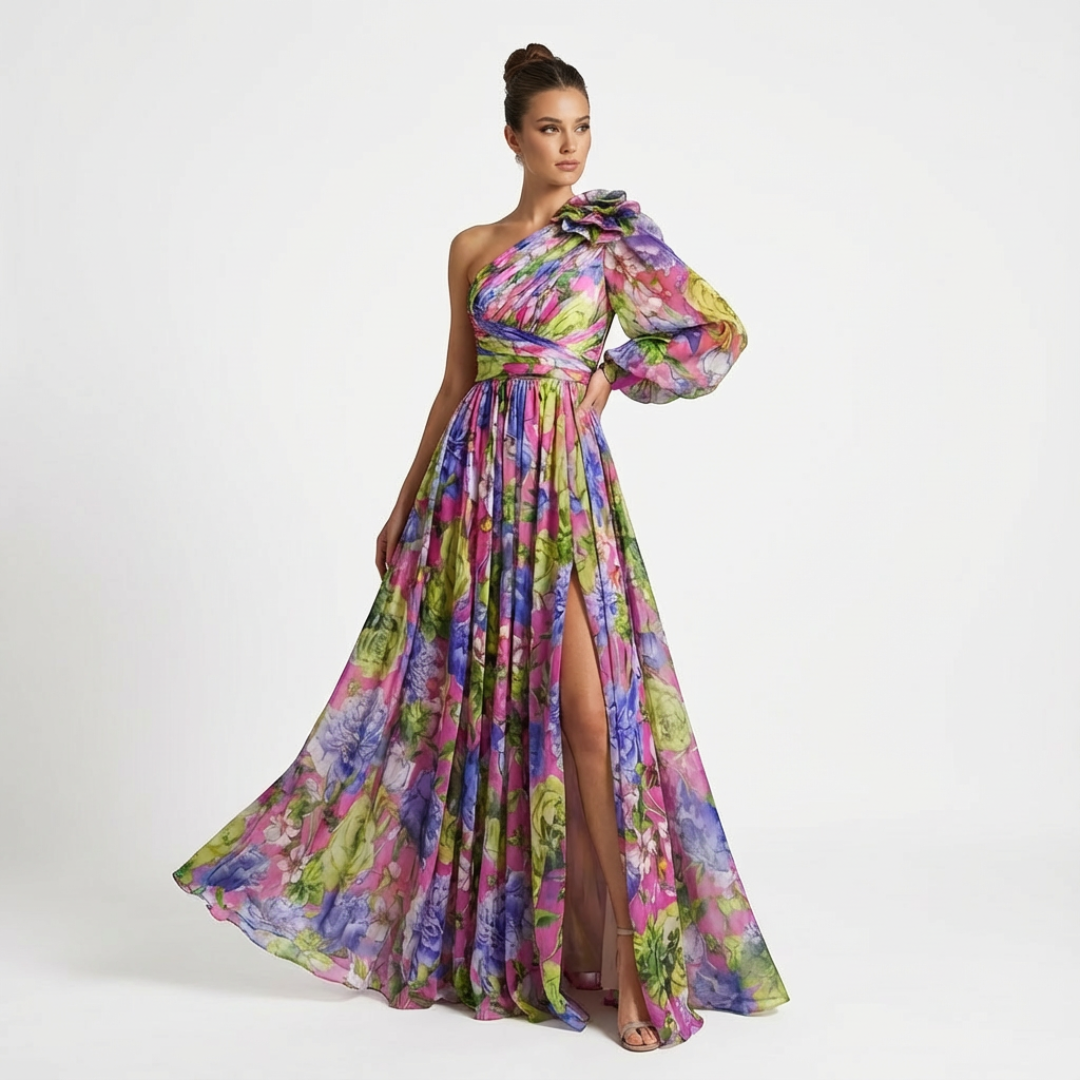Vestido Largo Mujer Estampado Floral Asimétrico Abertura Lateral - Mavetta