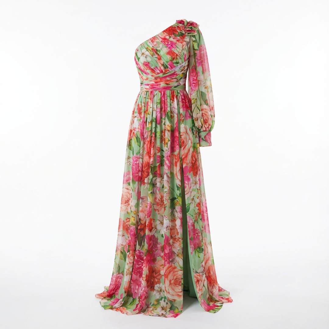 Vestido Largo Mujer Estampado Floral Asimétrico Abertura Lateral