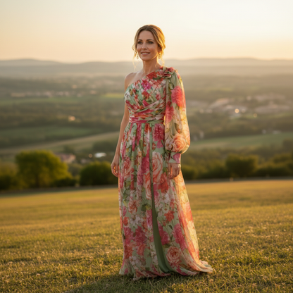 Vestido Largo Mujer Estampado Floral Asimétrico Abertura Lateral