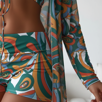 Conjunto Playa Mujer Bikini Estampado Shorts Kimono