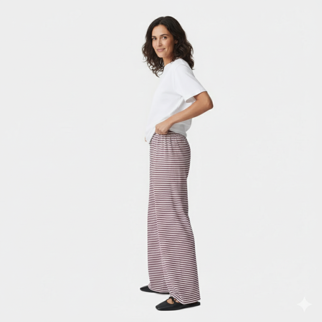 Pantalones Mujer Fluidos Rayas Pernera Ancha Cintura Elástica