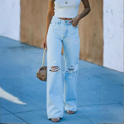 Pantalones Vaqueros Mujer Tiro Medio Rotos Corte Ancho - Mavetta