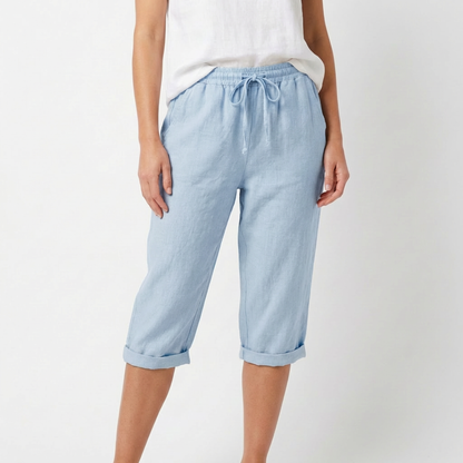 Pantalón Capri Mujer de Lino Cintura Elástica y Cordón