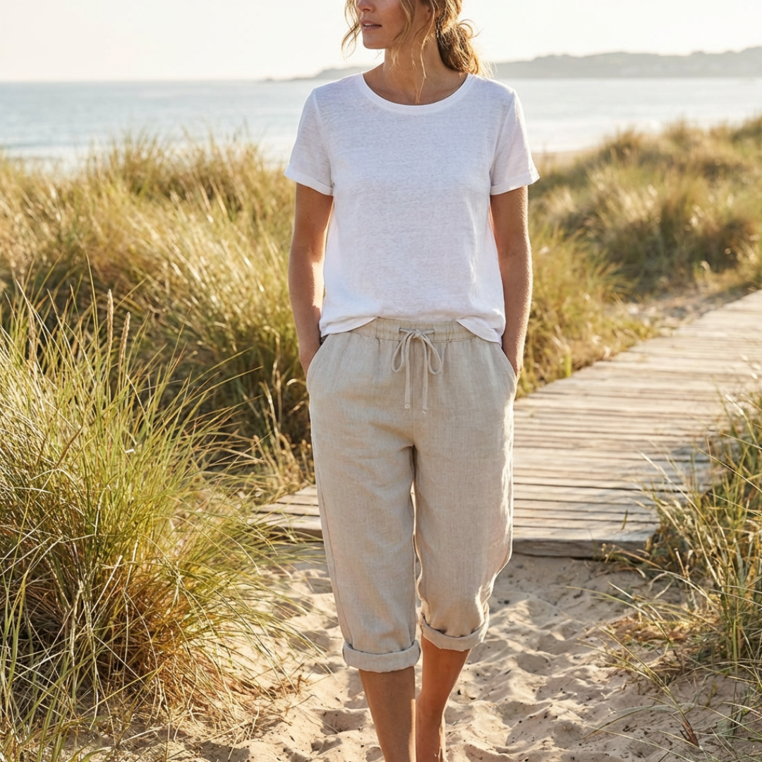 Pantalón Capri Mujer de Lino Cintura Elástica y Cordón