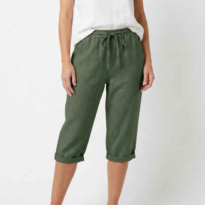 Pantalón Capri Mujer de Lino Cintura Elástica y Cordón