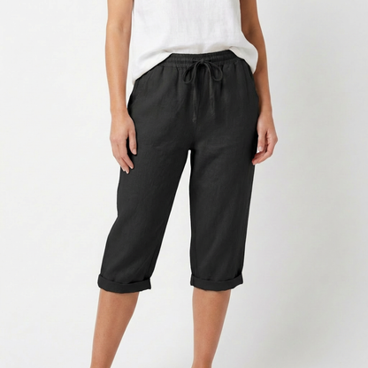 Pantalón Capri Mujer de Lino Cintura Elástica y Cordón