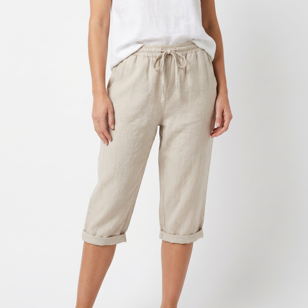 Pantalón Capri Mujer de Lino Cintura Elástica y Cordón - Mavetta