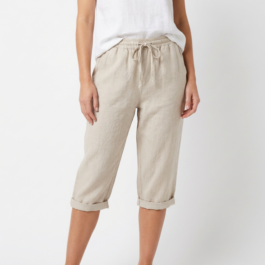 Pantalón Capri Mujer de Lino Cintura Elástica y Cordón - Mavetta